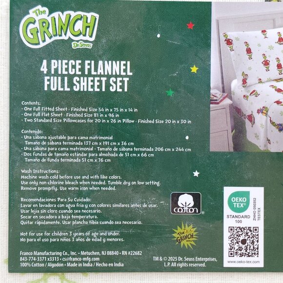 Dr Seuss The Grinch 4 Piece Flannel Full Double Sheet Set Cotton Comfortable - Picture 5 of 12